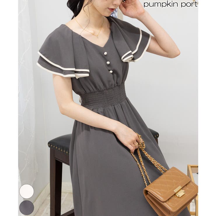 BACKリボンスピンドル 2枚襟 ロングワンピース[品番：PPNW0004346  