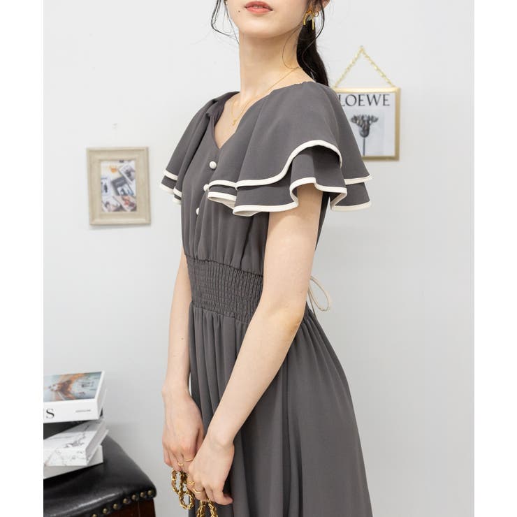 BACKリボンスピンドル 2枚襟 ロングワンピース[品番：PPNW0004346  