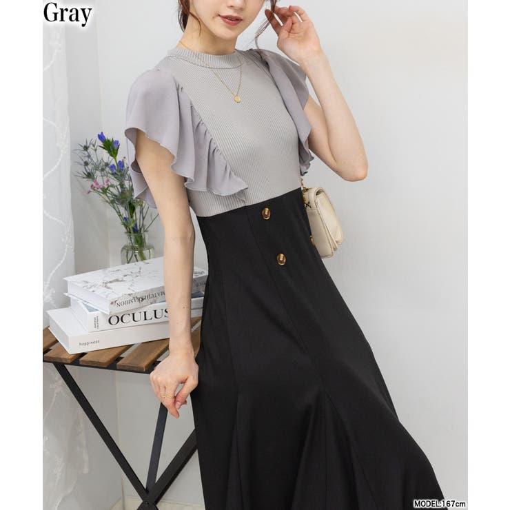 フリル袖 トレンチスカート ドッキングワンピース[品番：PPNW0004392  