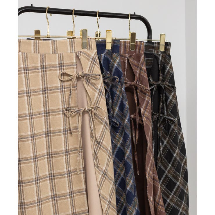 W リボン チェック柄 スリットデザイン ロングスカート[品番