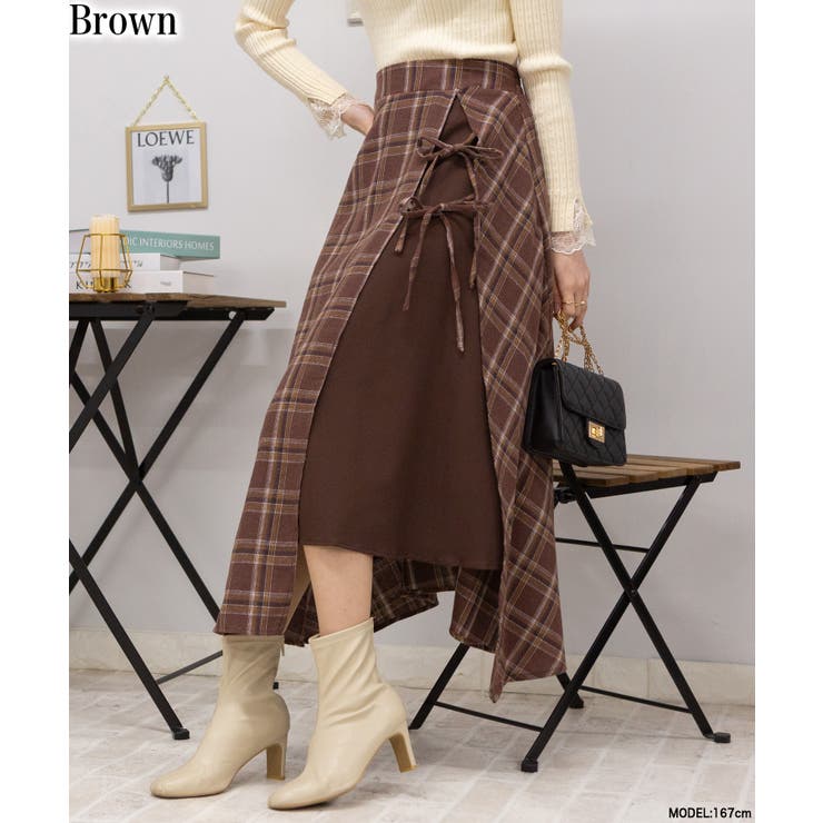 W リボン チェック柄 スリットデザイン ロングスカート[品番