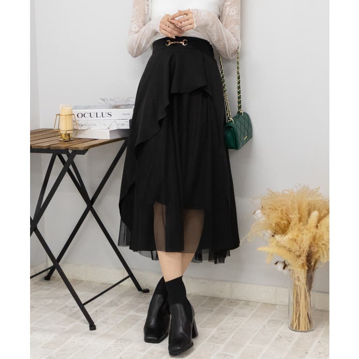 ビット付き アシメシルエット チュール重ねスカート[品番：PPNW0004484