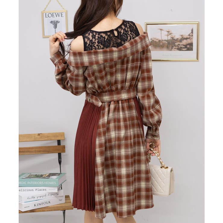 レースレイヤード サイドプリーツ チェック柄 ワンピース[品番  