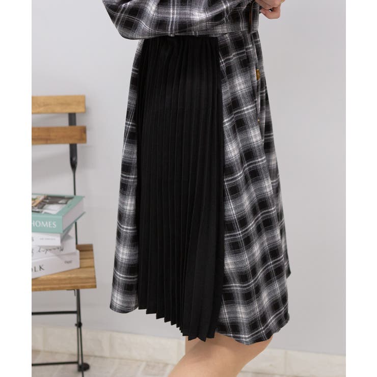 レースレイヤード サイドプリーツ チェック柄 ワンピース[品番