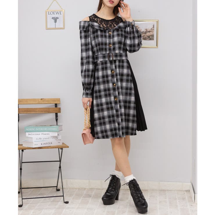 レースレイヤード サイドプリーツ チェック柄 ワンピース[品番