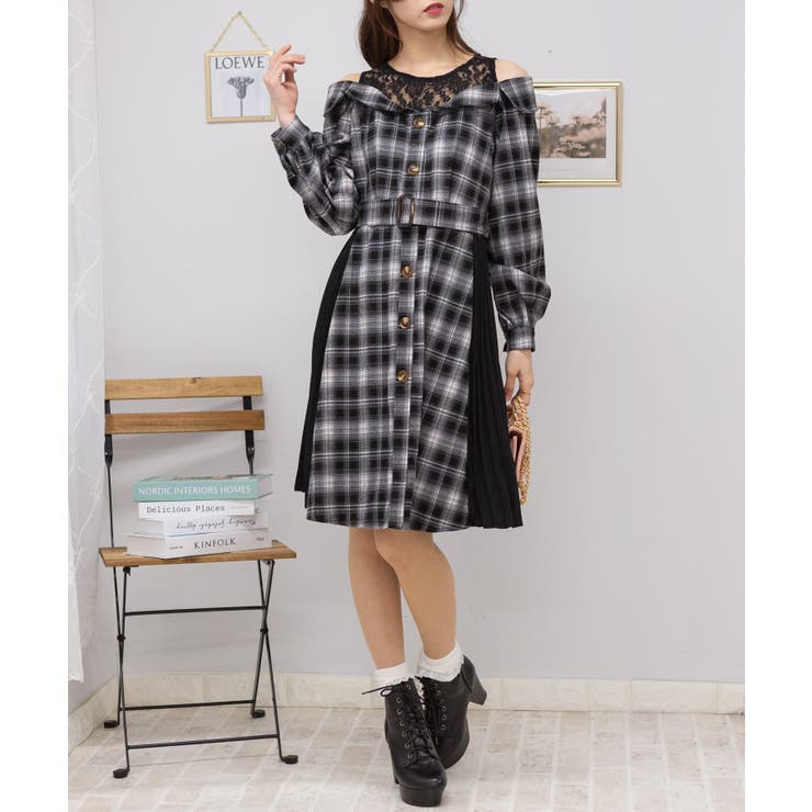 レースレイヤード サイドプリーツ チェック柄 ワンピース[品番