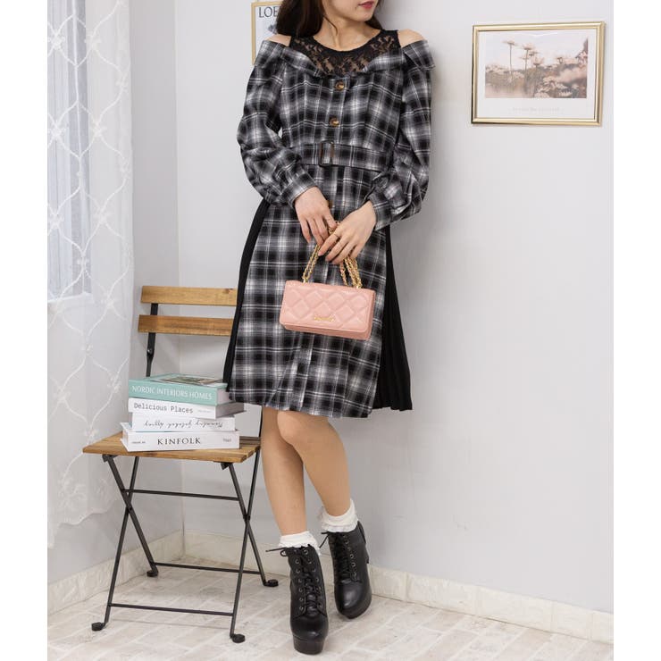 レースレイヤード サイドプリーツ チェック柄 ワンピース[品番
