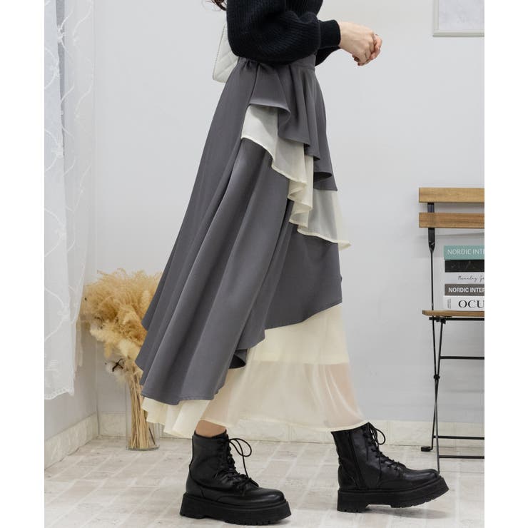 上品しなやか!【HERMES】スカート バイカラー バイカラー チュール使い アシメシルエット ハイウエスト ロング