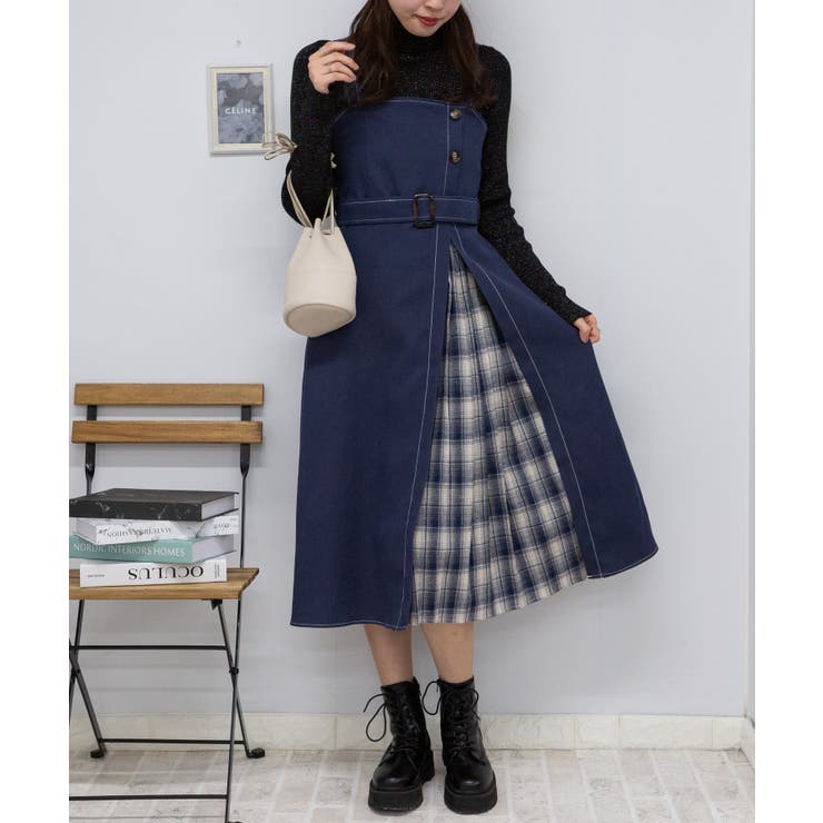 サイド チェックプリーツ ロング ジャンスカ ワンピース[品番