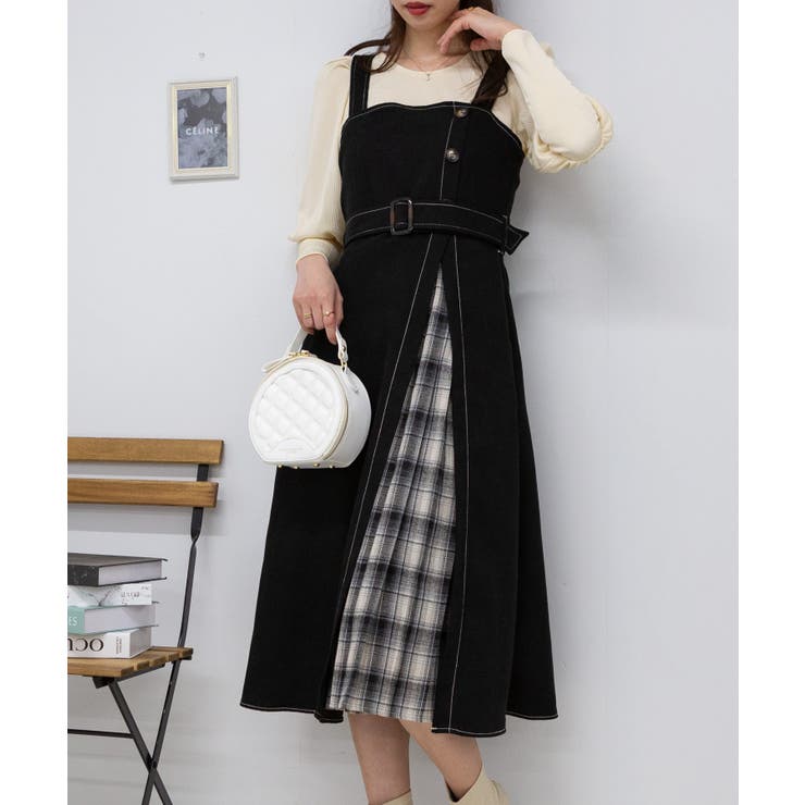 サイド チェックプリーツ ロング ジャンスカ ワンピース[品番