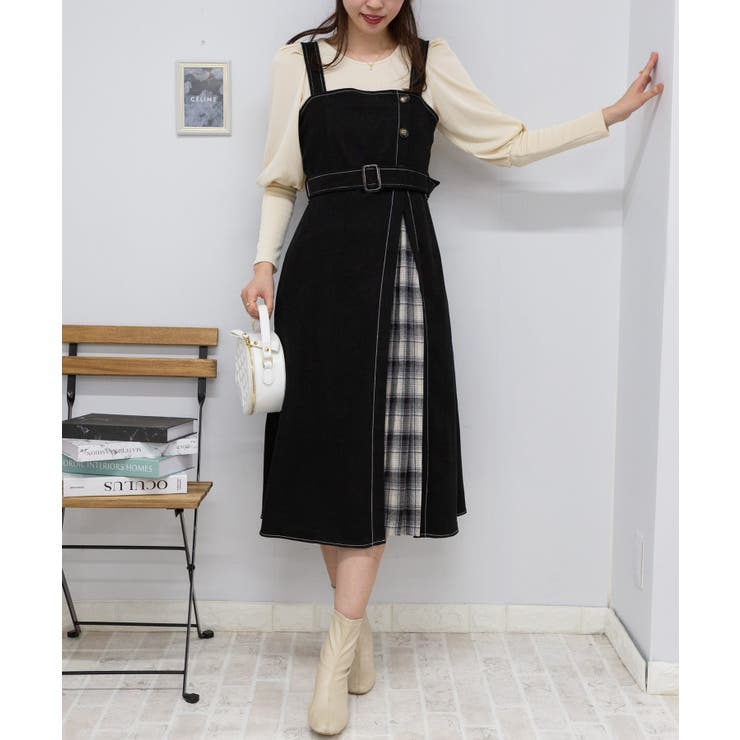 サイド チェックプリーツ ロング ジャンスカ ワンピース[品番