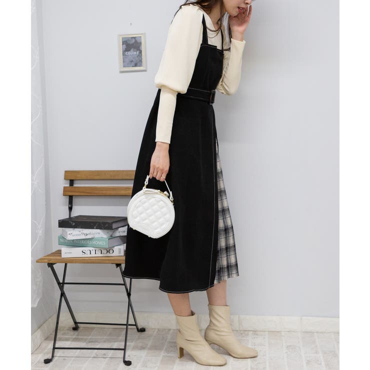 サイド チェックプリーツ ロング ジャンスカ ワンピース[品番