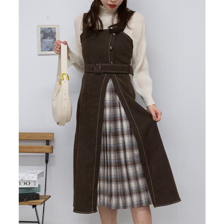 サイド チェックプリーツ ロング ジャンスカ ワンピース[品番