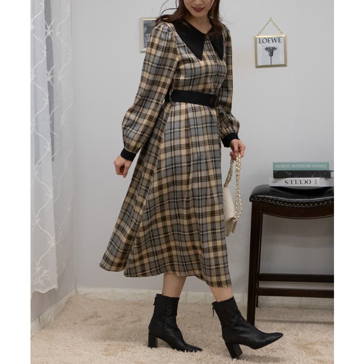 チェック柄 クレリック ベルト付 ロングワンピース[品番