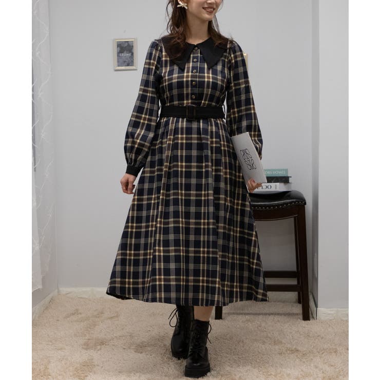 チェック柄 クレリック ベルト付 ロングワンピース[品番