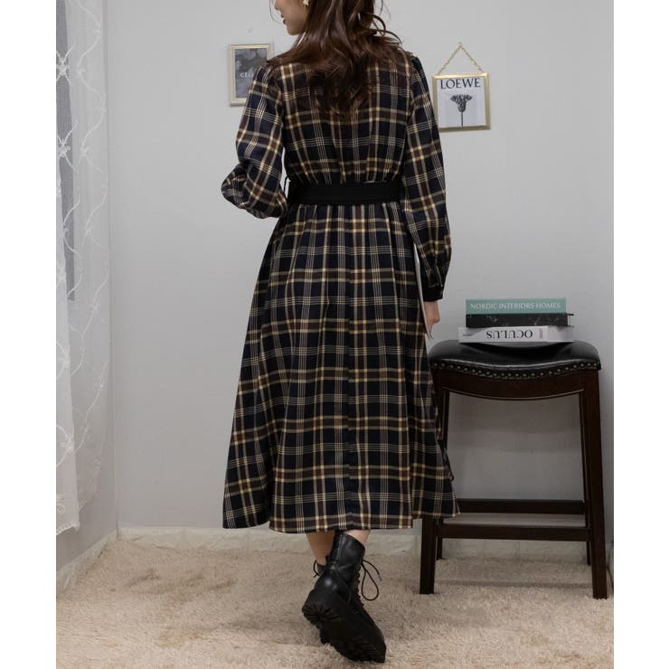 20 インゲボルグ ロングワンピース チェック 総柄 ベルト ブラック ホワイト チェック柄 クレリック ベルト付 ロングワンピース[品番：PPNW0004594