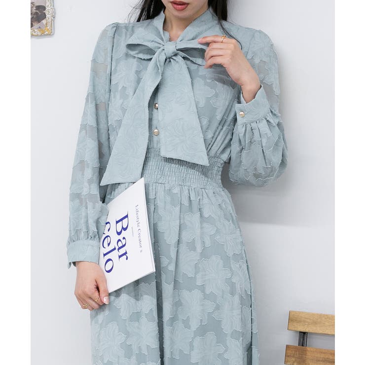 リボンタイ 花柄シアージャガード ロングワンピース[品番