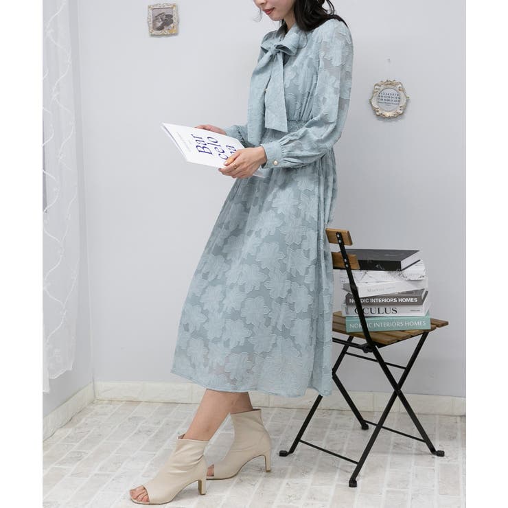 リボンタイ 花柄シアージャガード ロングワンピース[品番 リボンタイ 花柄シアージャガード ロングワンピース[品番