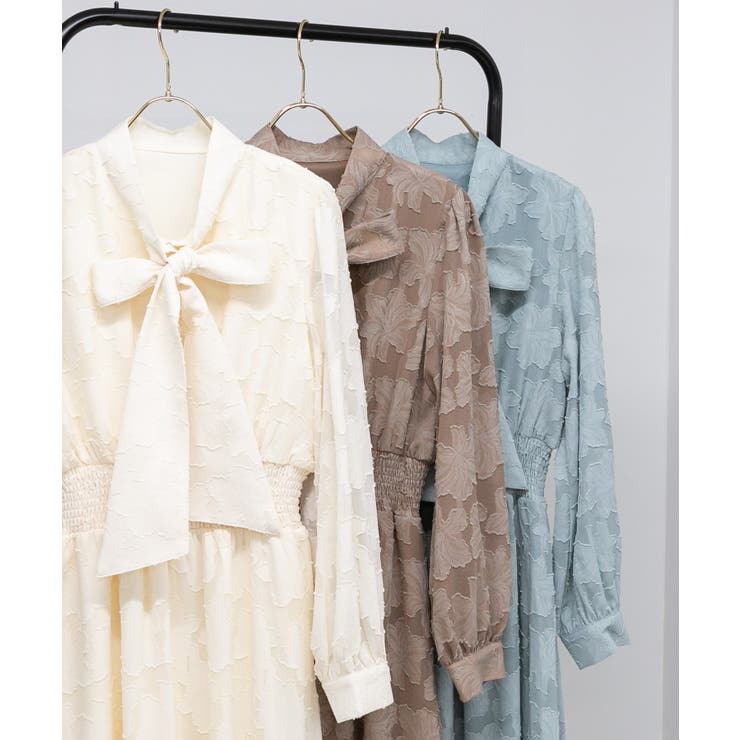 リボンタイ 花柄シアージャガード ロングワンピース[品番