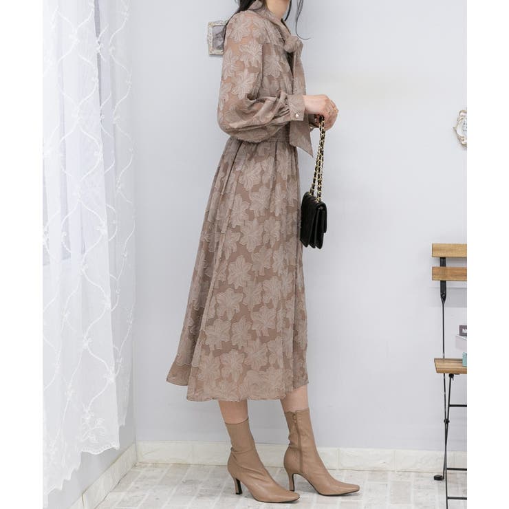 リボンタイ 花柄シアージャガード ロングワンピース[品番