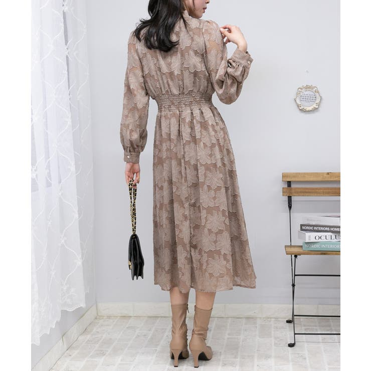リボンタイ 花柄シアージャガード ロングワンピース[品番