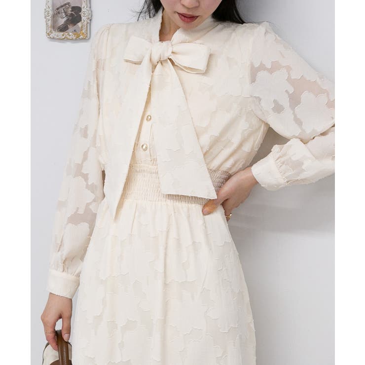 リボンタイ 花柄シアージャガード ロングワンピース[品番：PPNW0004628