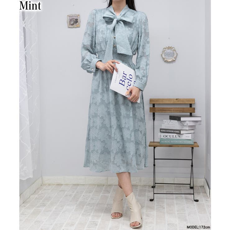 リボンタイ 花柄シアージャガード ロングワンピース[品番