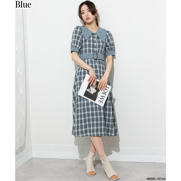 リリーポエム チェック柄 ピンタック&レースのワンピース チェック柄レーススリーブリボン付きワンピース | Lilyme selectshop
