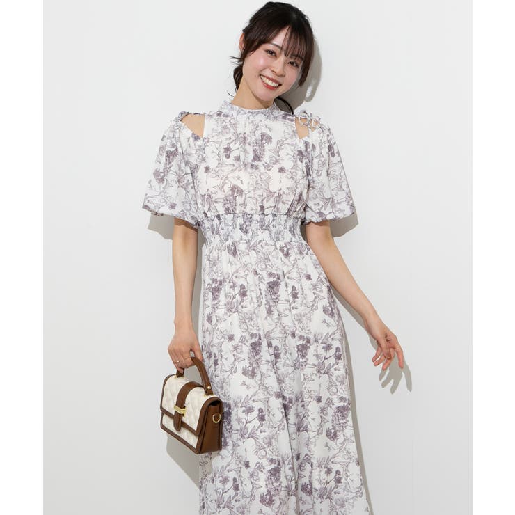 花柄 肩あき ボリューム袖 ロングフレアワンピース[品番 花柄 肩あき ボリューム袖 ロングフレアワンピース[品番