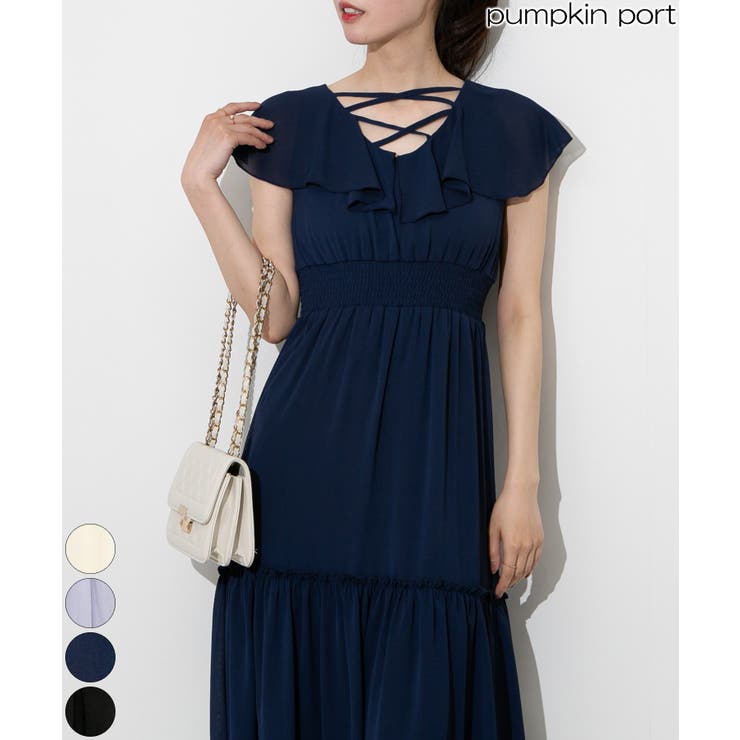 クロスネック フリルデザイン ロングワンピース[品番：PPNW0004738