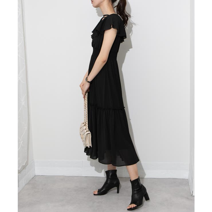 クロスネック フリルデザイン ロングワンピース[品番：PPNW0004738