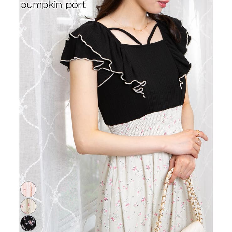 メローフリルリブトップス+花柄スカート ドッキングロングワンピース | Pumpkin  Port | 詳細画像1 