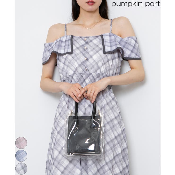 シアーチェック柄 オフショル キャミソール ロングワンピース | Pumpkin  Port | 詳細画像1 