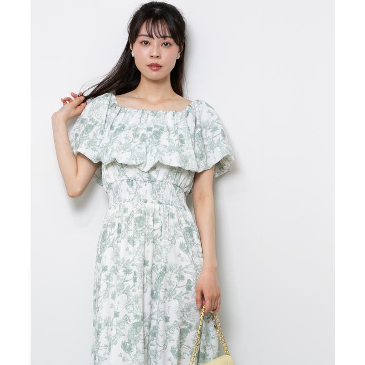 花柄オフショル バルーン襟 2WAY ロングワンピース[品番