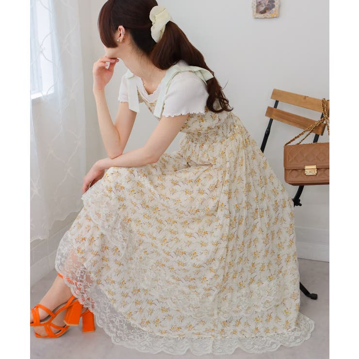 肩リボン 花柄裾レースフリル キャミワンピース[品番：PPNW0004907