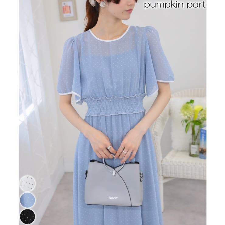 フレア袖 ハイウエスト ドット柄ロングワンピース | Pumpkin  Port | 詳細画像1 