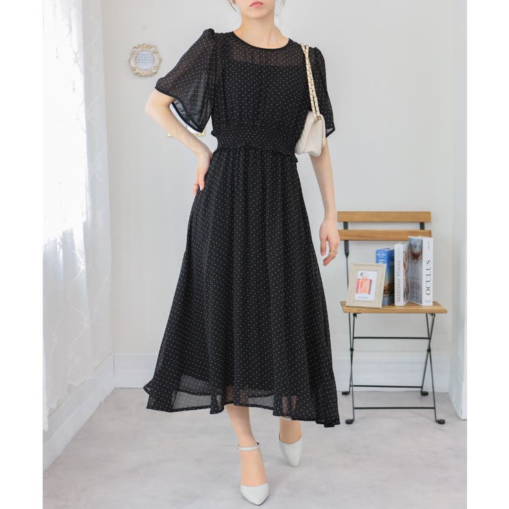 フレア袖 ハイウエスト ドット柄ロングワンピース | Pumpkin  Port | 詳細画像14 