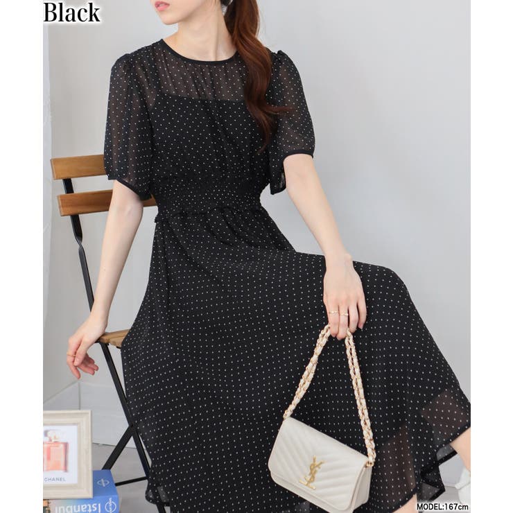 ブラック | フレア袖 ハイウエスト ドット柄ロングワンピース | Pumpkin  Port