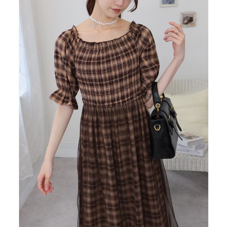 重ねチュール チェック柄 半袖ロングワンピース[品番