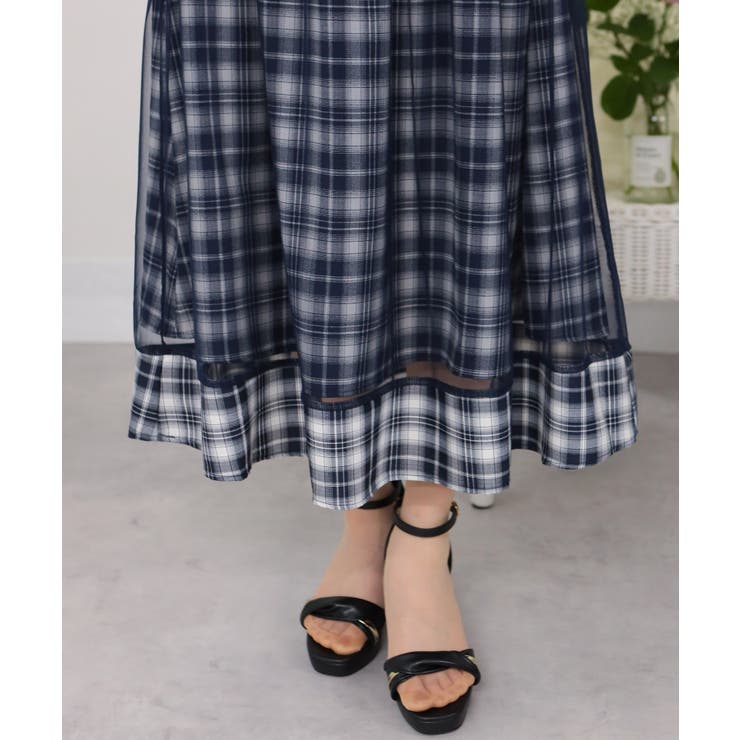 BOCHERON ボチェロン ワンピース 重ねチュール チェック柄 半袖ロングワンピース[品番