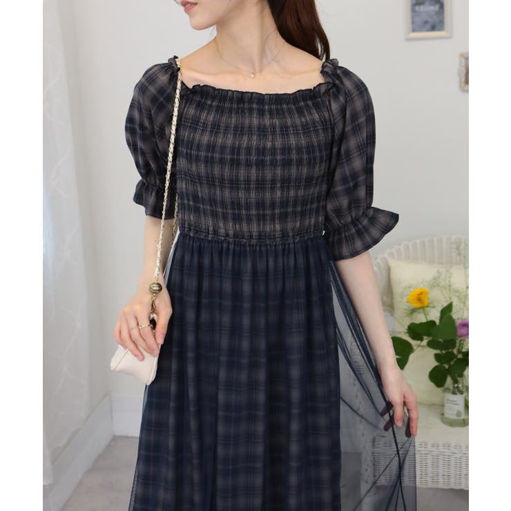 重ねチュール チェック柄 半袖ロングワンピース[品番