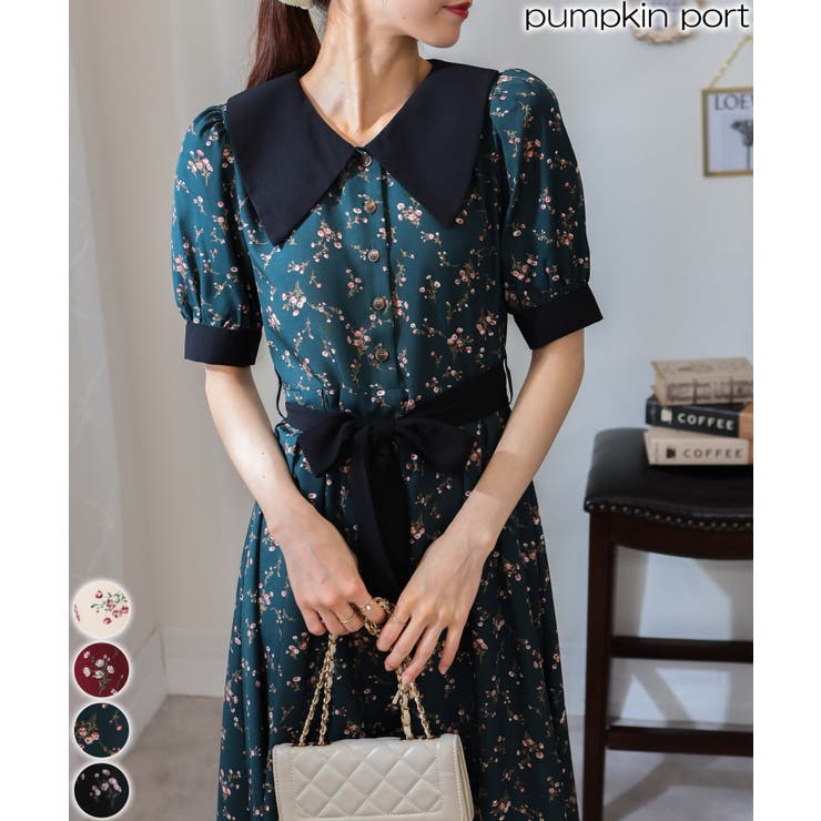 リボンベルト付 花柄 クレリック 半袖ワンピース | Pumpkin  Port | 詳細画像1 