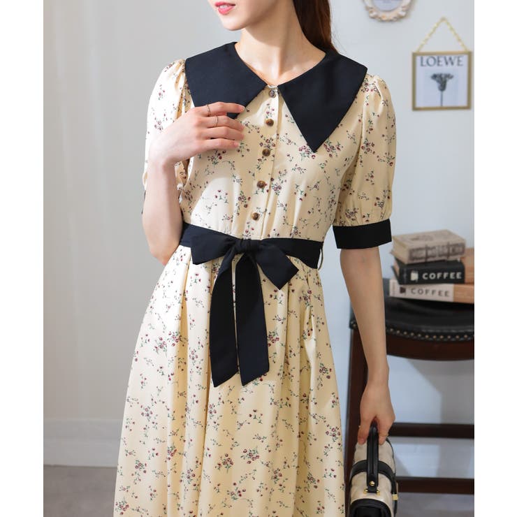 リボンベルト付 花柄 クレリック 半袖ワンピース | Pumpkin  Port | 詳細画像12 