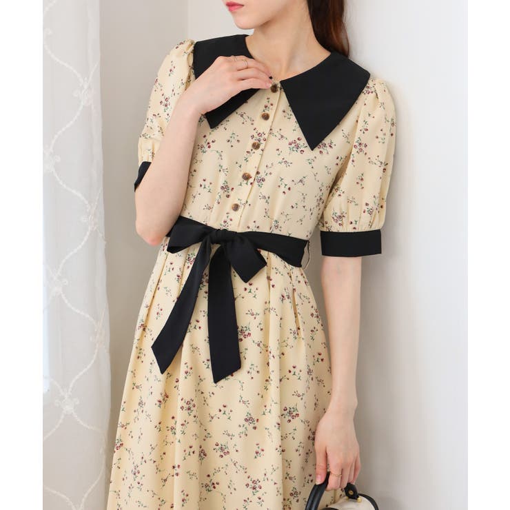 リボンベルト付 花柄 クレリック 半袖ワンピース | Pumpkin  Port | 詳細画像16 