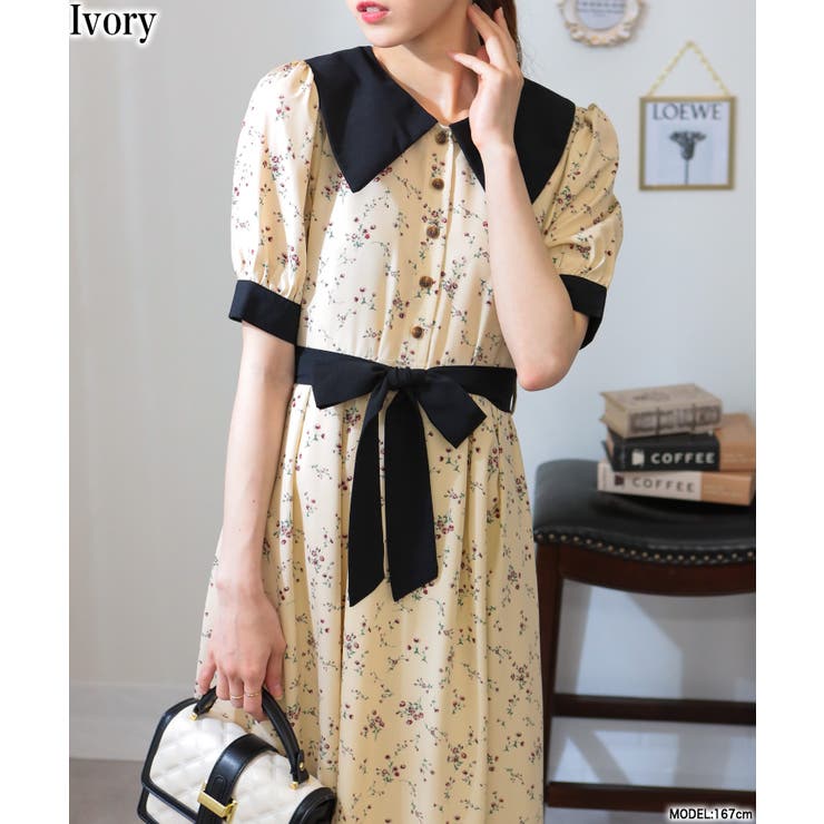 アイボリー | リボンベルト付 花柄 クレリック 半袖ワンピース | Pumpkin  Port