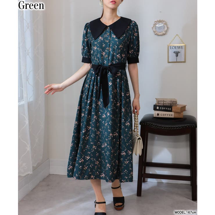 グリーン | リボンベルト付 花柄 クレリック 半袖ワンピース | Pumpkin  Port