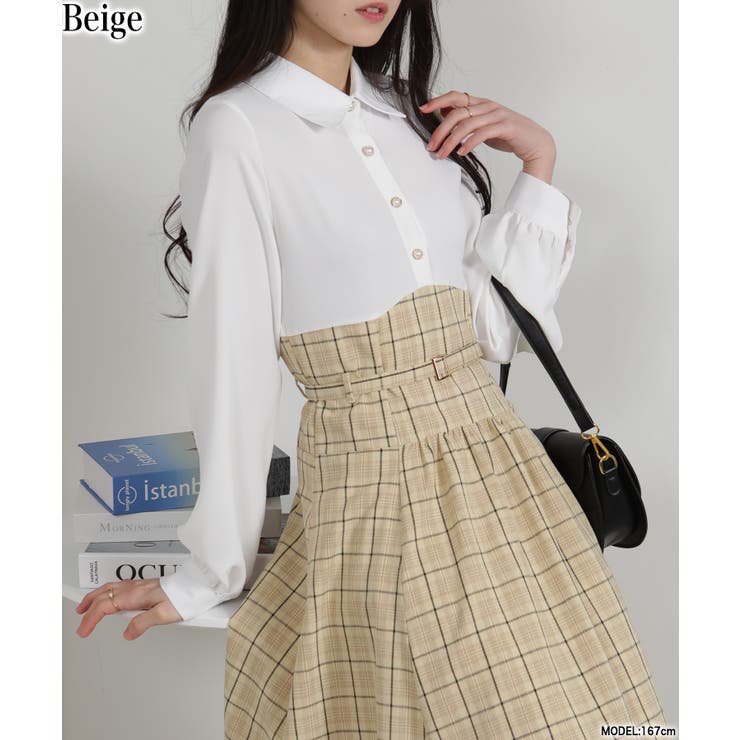 ベージュ | シャツ×細ベルト付ハイウエスト ドッキングワンピース | Pumpkin  Port