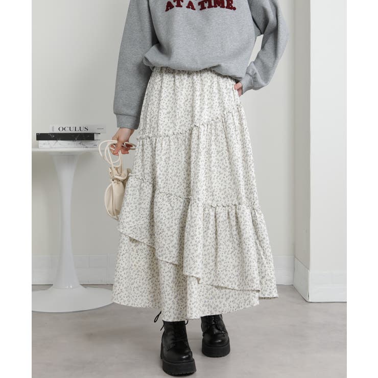 アシメ切替 小花柄 ティアードロングスカート | Pumpkin  Port | 詳細画像3 