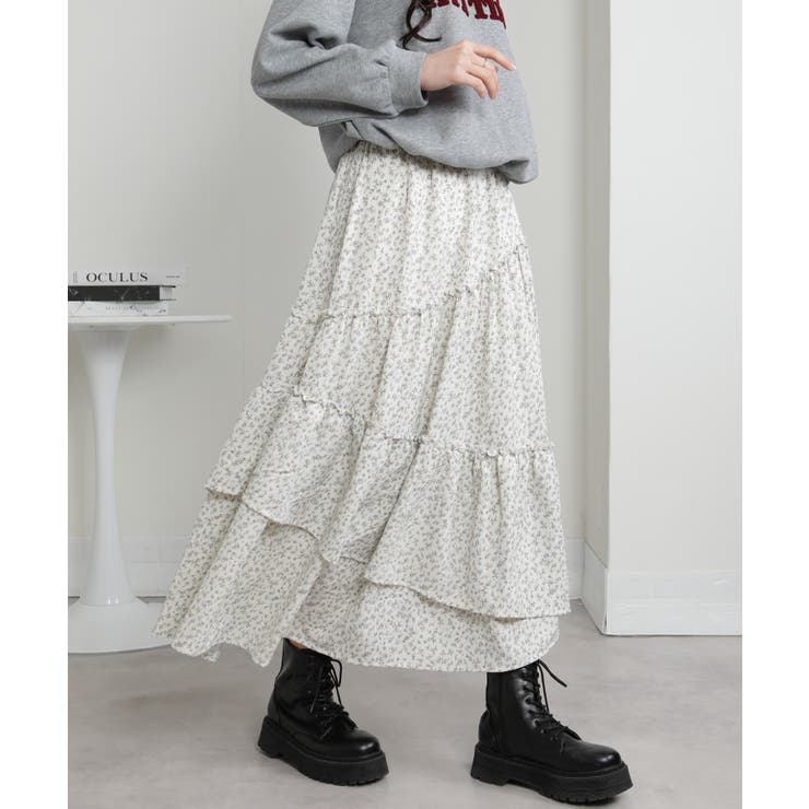 アシメ切替 小花柄 ティアードロングスカート | Pumpkin  Port | 詳細画像5 