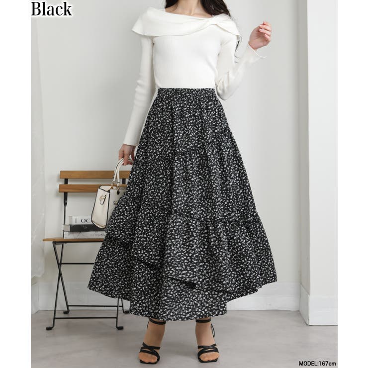 ブラック | アシメ切替 小花柄 ティアードロングスカート | Pumpkin  Port